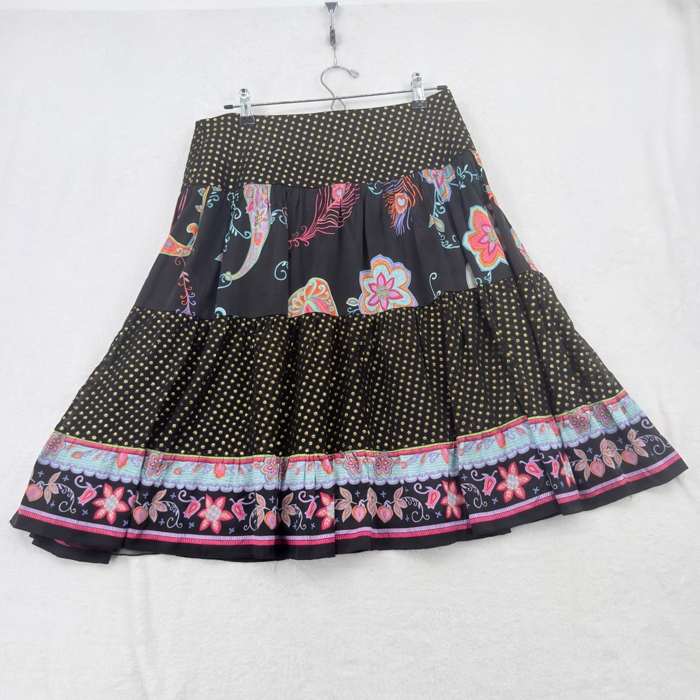 Trina Turk Silk Tiered Skirt Womens 6 Black Paisley Metallic Gold Dot Excellent